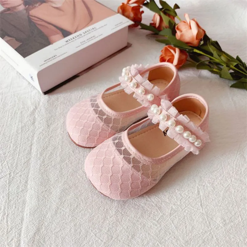 Pearl leather lace shoes for little girls