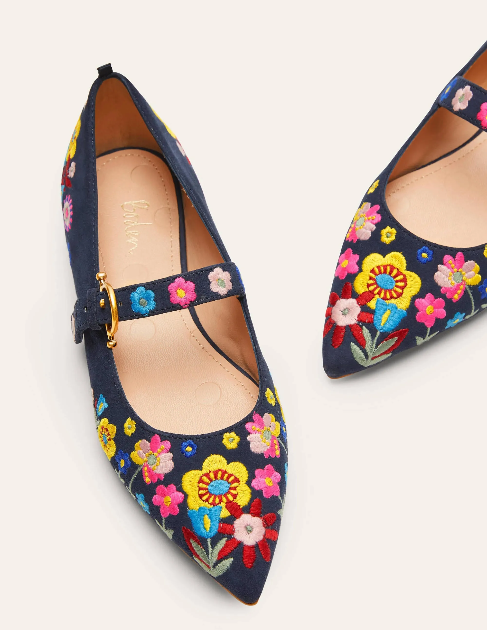 Pointed Toe Mary Jane Shoes-Navy/Embroidery