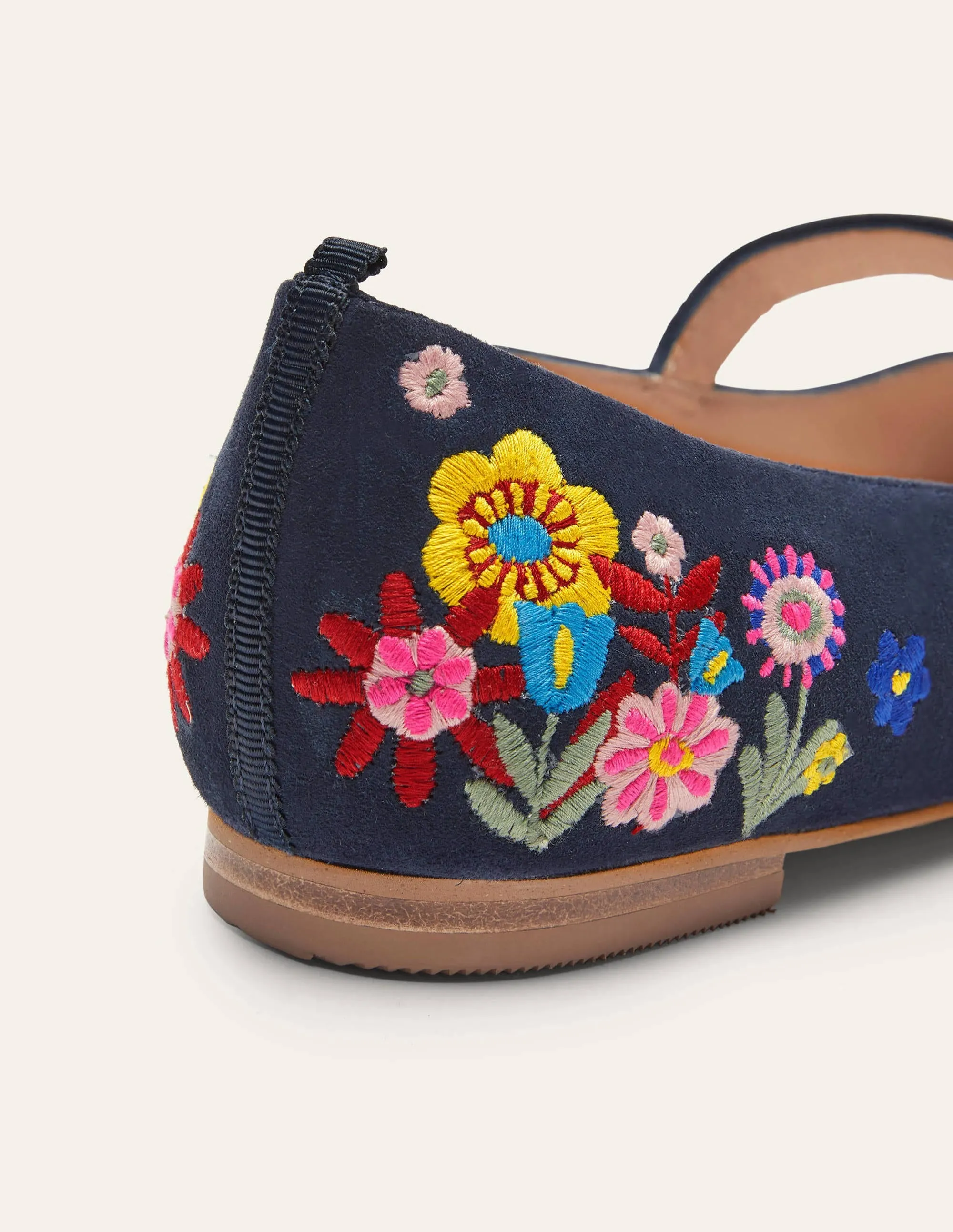 Pointed Toe Mary Jane Shoes-Navy/Embroidery