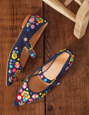 Pointed Toe Mary Jane Shoes-Navy/Embroidery