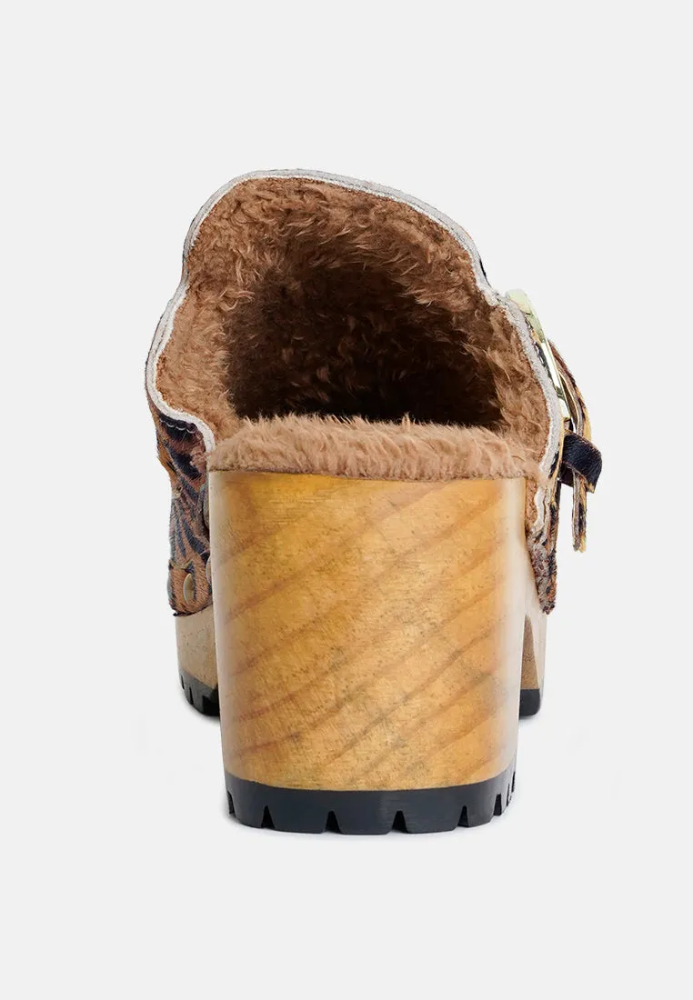 PRUNUS Leopard Buckled Suede Round Toe Mule Clogs