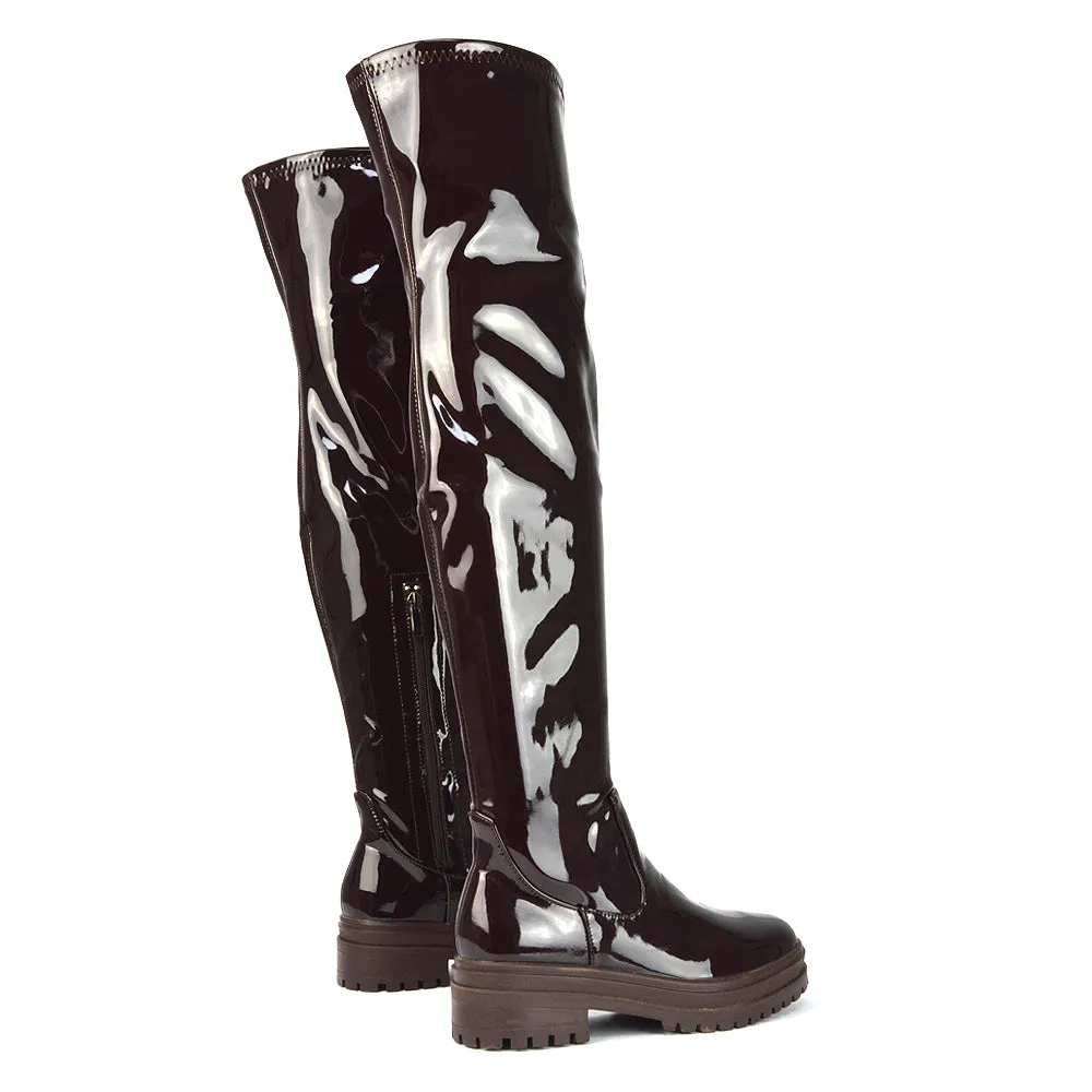 Rosalia Flat Chunky Sole Over the Knee Thigh High Long Boots in Brown Patent