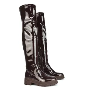Rosalia Flat Chunky Sole Over the Knee Thigh High Long Boots in Brown Patent