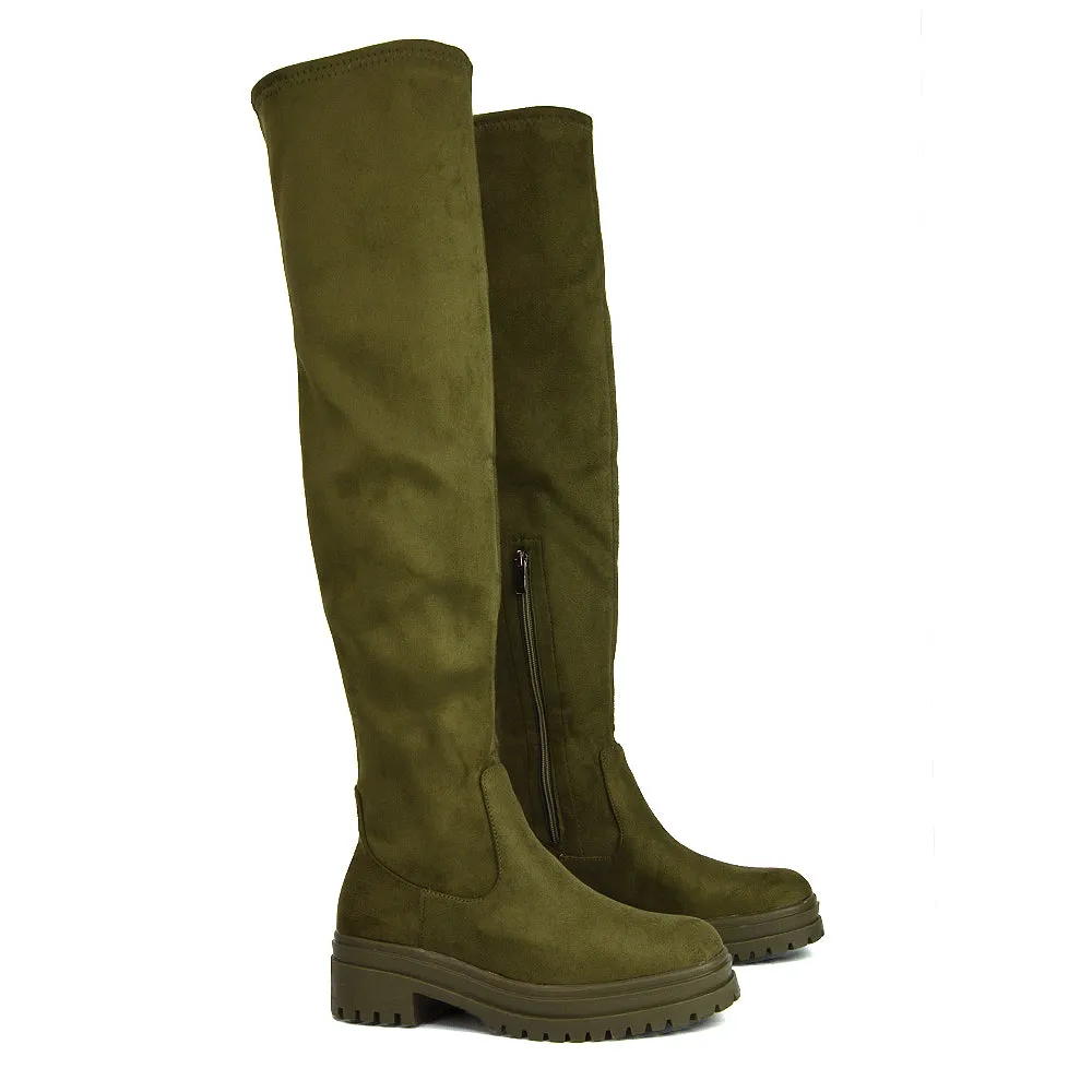 Rosalia Flat Chunky Sole Over the Knee Thigh High Long Boots in Brown Patent