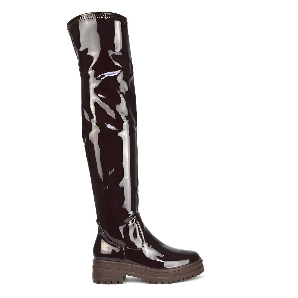 Rosalia Flat Chunky Sole Over the Knee Thigh High Long Boots in Brown Patent