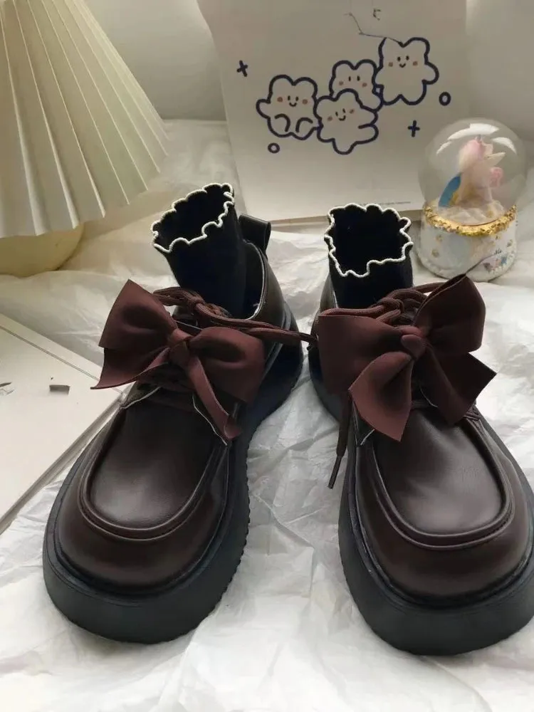 Sohiwoo College Style Vintage Shoes Women Japanese Kawaii Bow Casual Mary Janes Shoes Female Lace-up Elegant Platform Shoes Summer