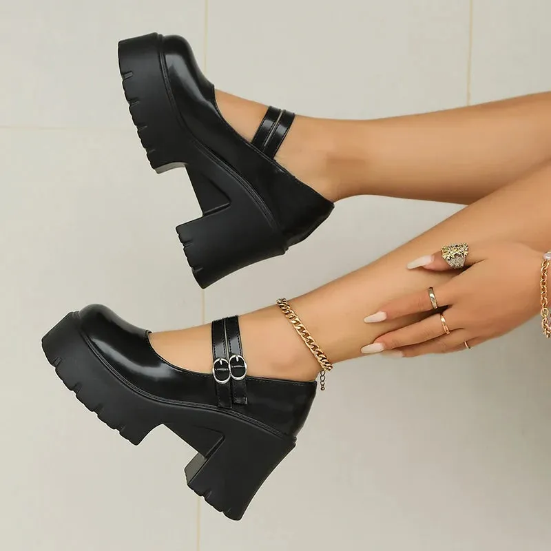 Sohiwoo Double Buckle Chunky Platform Pumps Women 2024 Spring Vintage High Heels Mary Jane Shoes Woman Black White Party Shoes Ladies