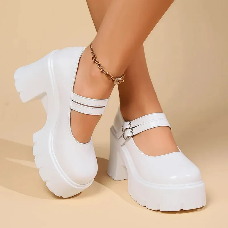 Sohiwoo Double Buckle Chunky Platform Pumps Women 2024 Spring Vintage High Heels Mary Jane Shoes Woman Black White Party Shoes Ladies