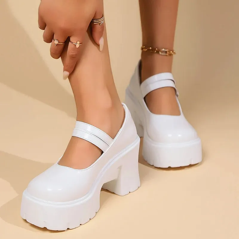 Sohiwoo Double Buckle Chunky Platform Pumps Women 2024 Spring Vintage High Heels Mary Jane Shoes Woman Black White Party Shoes Ladies