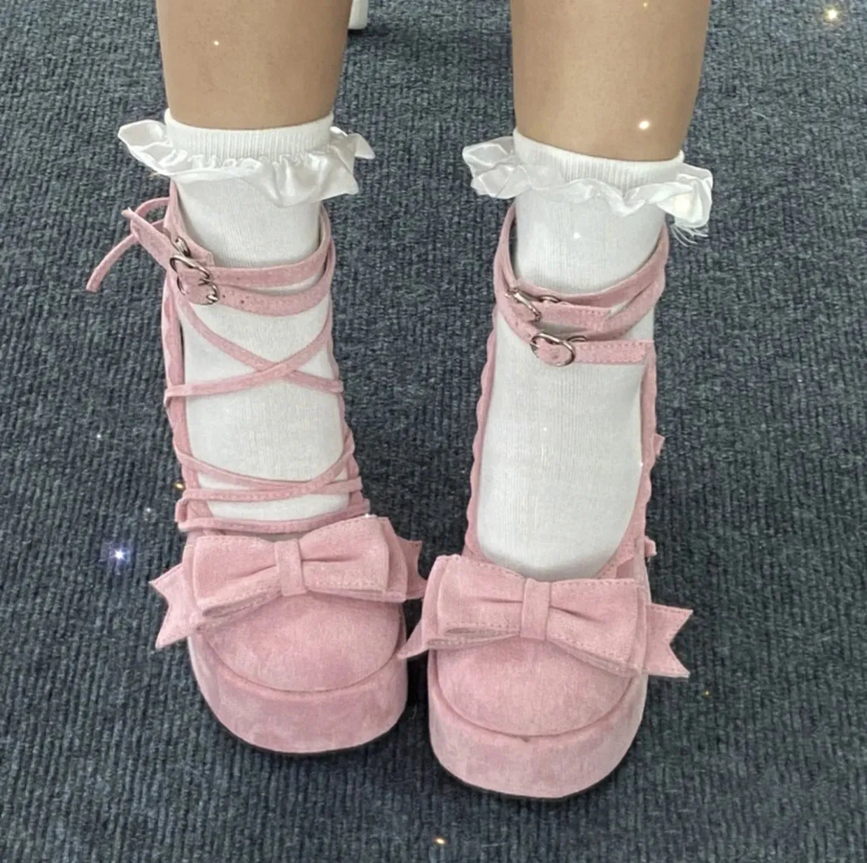 Sohiwoo Fairy Style Fashion Solid Color Round Toe Chunky Heel Mary Jane Shoes Spring Autumn Sweet Cute Lolita Bow Bandage Women's Shoes