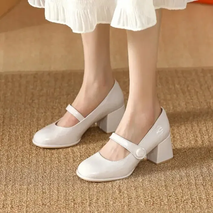 Sohiwoo French Style Ladies Lolita Sweet Fashion Women A Word Strap Shoes Retro Pumps Casual Summer Marry Janes Round Toe Shoes