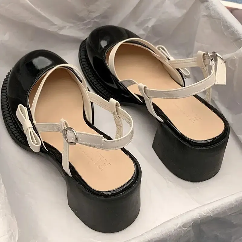 Sohiwoo Mary Janes Platform Shoes Summer Buckle Bow Round Toe Sweet Casual Shoes Lolita Hollow Fairy Elegant Sandals Woman Shoes