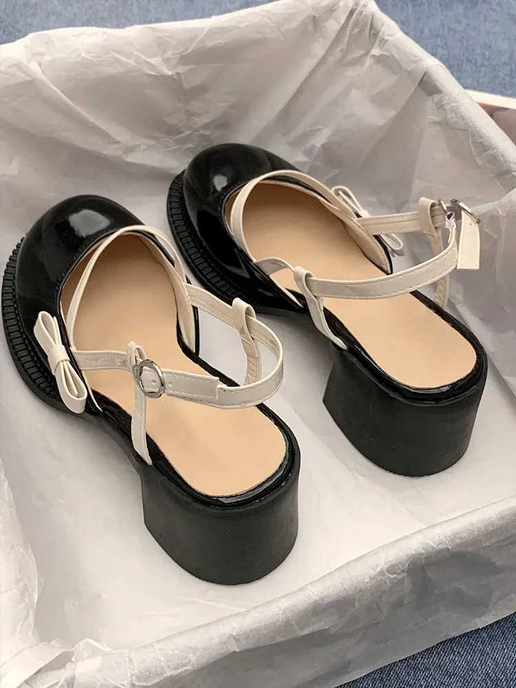 Sohiwoo Mary Janes Platform Shoes Summer Buckle Bow Round Toe Sweet Casual Shoes Lolita Hollow Fairy Elegant Sandals Woman Shoes