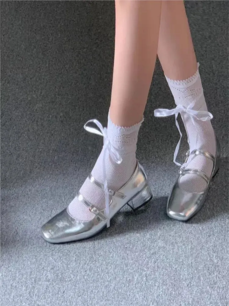 Sohiwoo NEW Elegant Silver Ballet Shoes Lady Sweet Mary Jane Thick High-heeled Shoes Heels Retro Footwear Lolita Shoes
