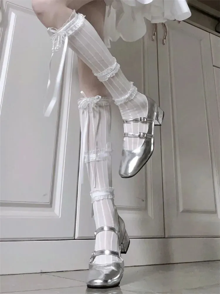 Sohiwoo NEW Elegant Silver Ballet Shoes Lady Sweet Mary Jane Thick High-heeled Shoes Heels Retro Footwear Lolita Shoes