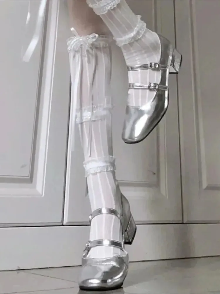 Sohiwoo NEW Elegant Silver Ballet Shoes Lady Sweet Mary Jane Thick High-heeled Shoes Heels Retro Footwear Lolita Shoes