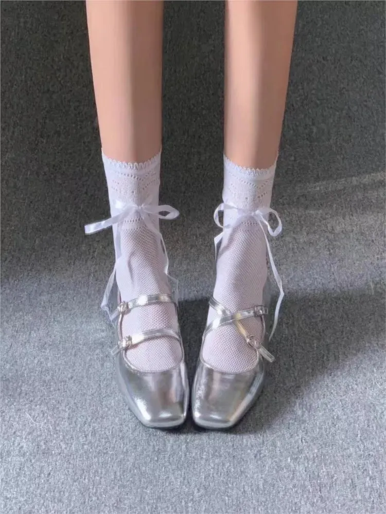 Sohiwoo NEW Elegant Silver Ballet Shoes Lady Sweet Mary Jane Thick High-heeled Shoes Heels Retro Footwear Lolita Shoes