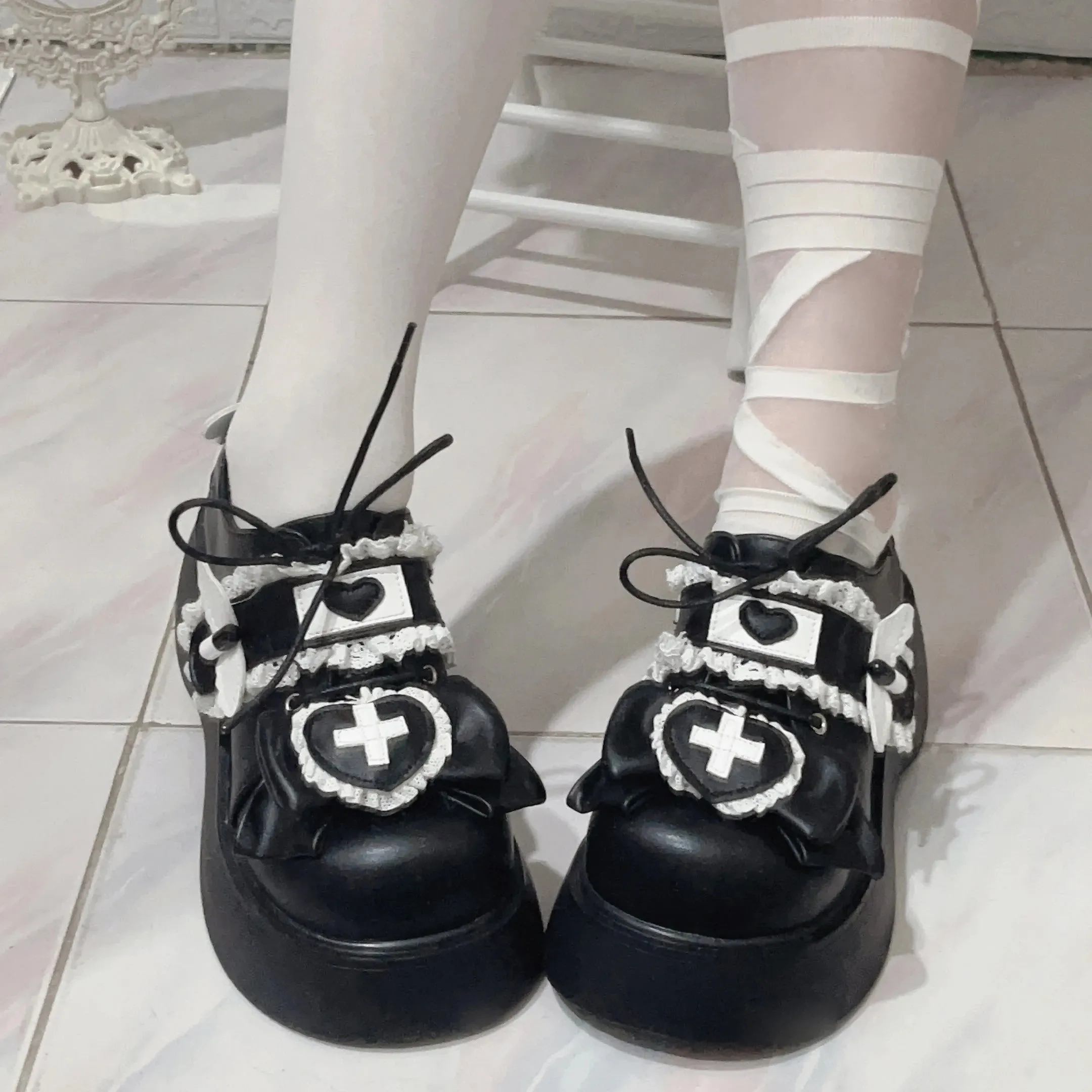 Sohiwoo New Spring Fall Women Girls Round Toe Lace-up Lolita Shoes Water Color Medical Cute Sweet Platform Leather Shoes Fashion Pumps