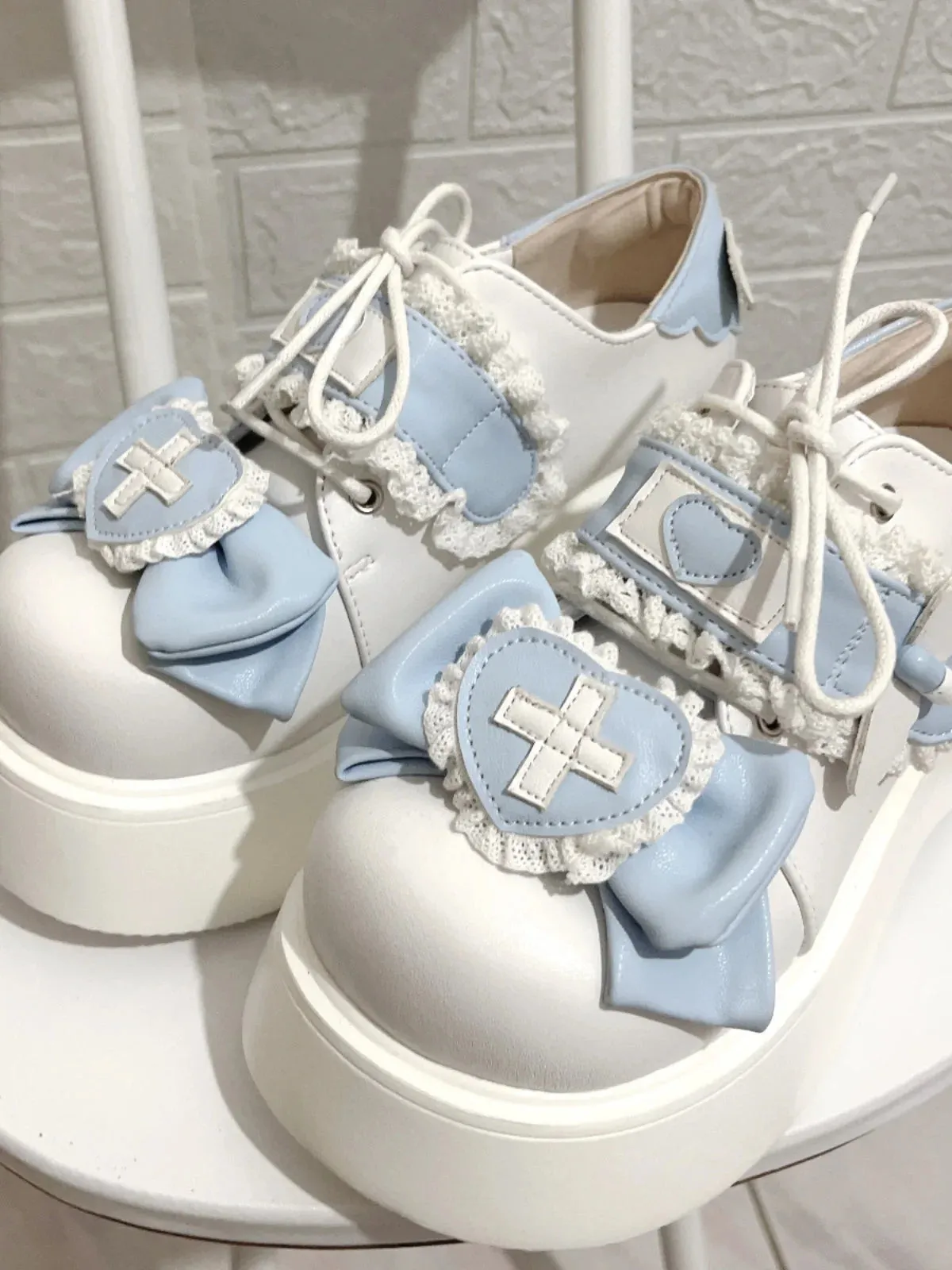 Sohiwoo New Spring Fall Women Girls Round Toe Lace-up Lolita Shoes Water Color Medical Cute Sweet Platform Leather Shoes Fashion Pumps