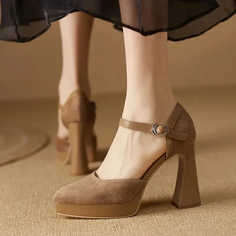 Sohiwoo Square High Heel Women Mary Jane Shoes Fashion Shallow Platform Shoes Spring Autumn Retro Style Ladies Elegant Dress Pumps