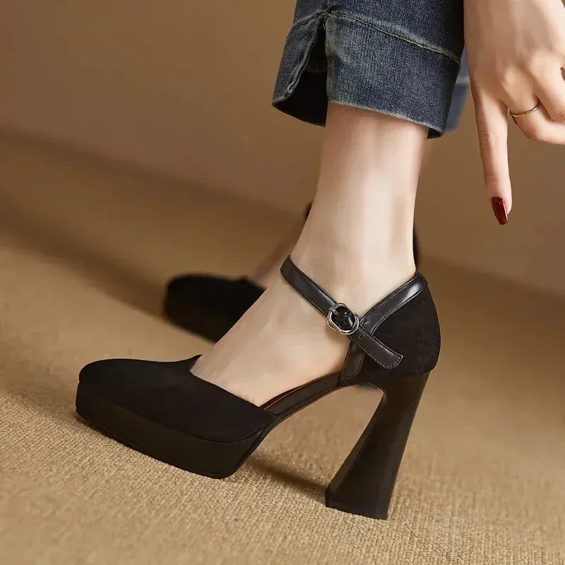 Sohiwoo Square High Heel Women Mary Jane Shoes Fashion Shallow Platform Shoes Spring Autumn Retro Style Ladies Elegant Dress Pumps