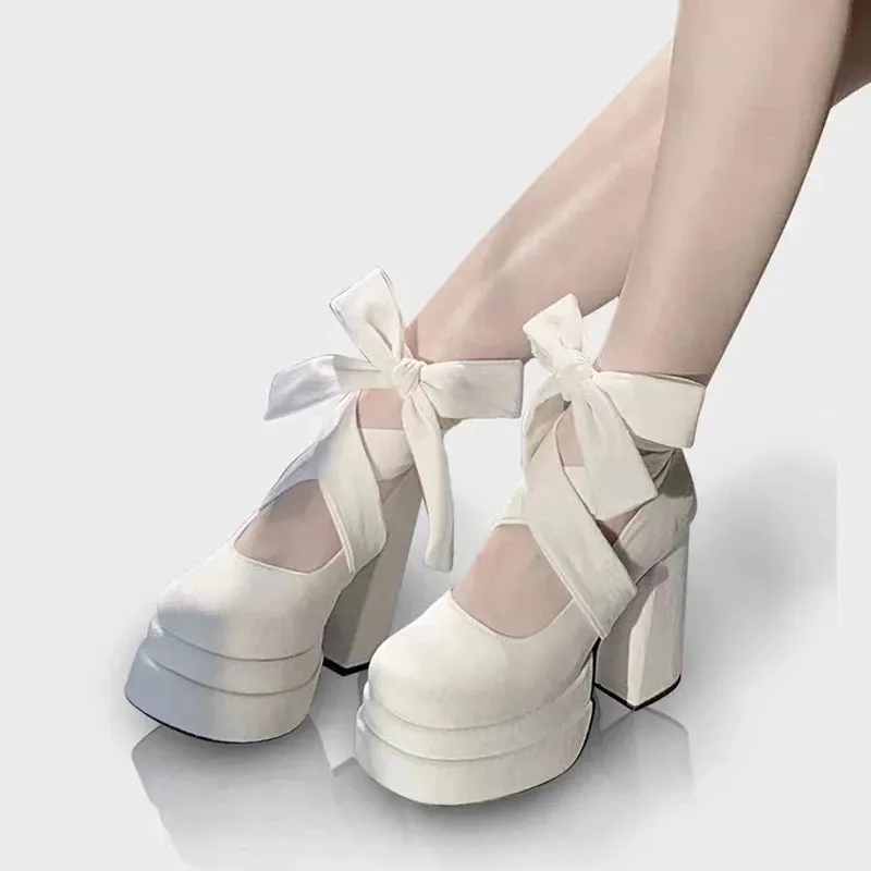Sohiwoo White High Heels Mary Jane Lolita Shoes Women 2024 Y2K Chunky Platform Thick Heeled Pumps Woman Diy Ankle Straps Cosplay Shoes