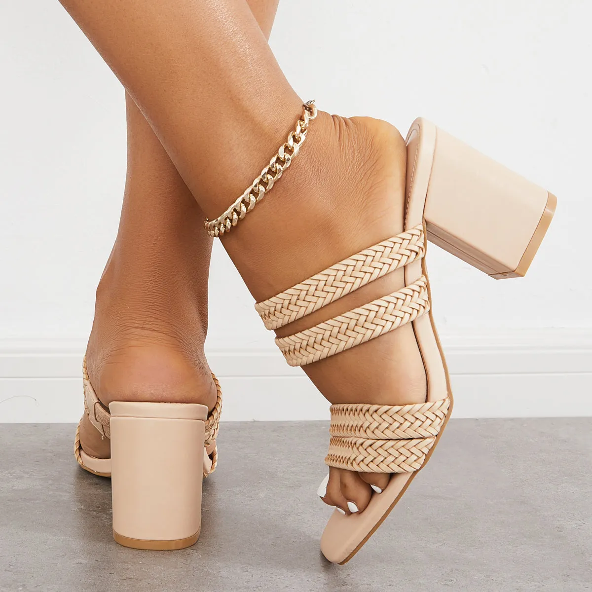 Sohiwoo Women Braided Mule Heels Square Toe Slip on Block Heel Sandals