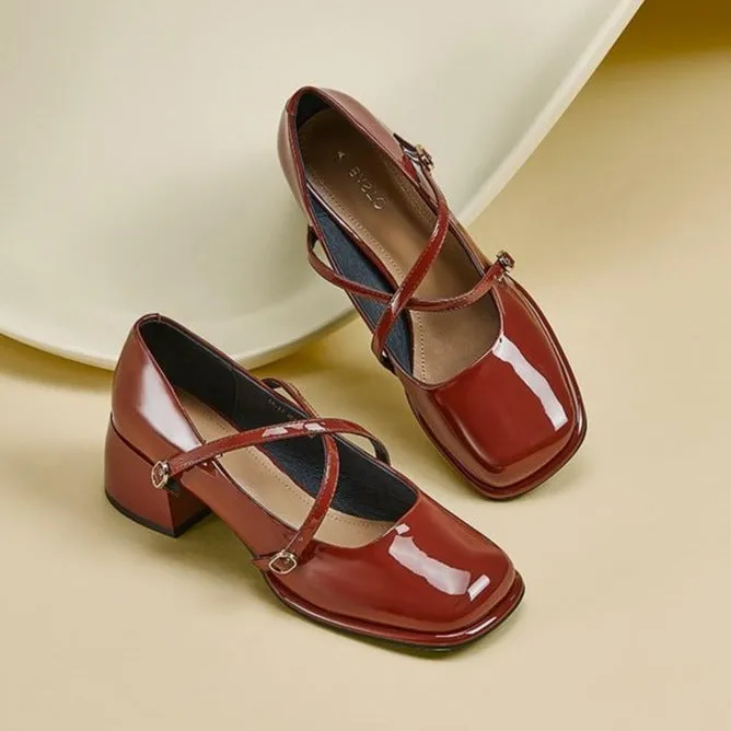Sohiwoo  Women Vintage Pin Buckle Square Toe Mary Janes