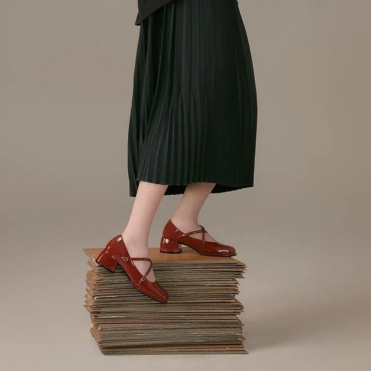 Sohiwoo  Women Vintage Pin Buckle Square Toe Mary Janes