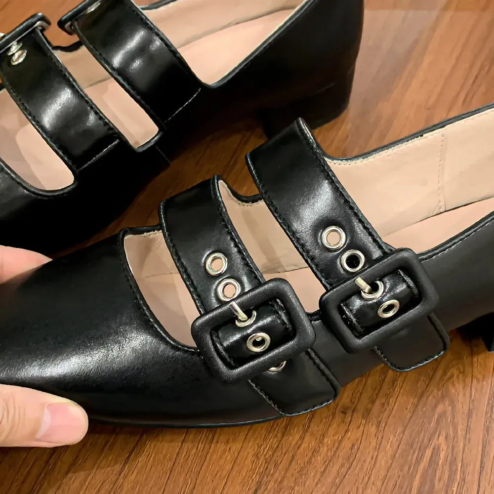 TAVIMART  -  Women's genuine leather double metal buckle slip-on mary jane flats sqaure toe casual female soft comfortable ballerinas shoes