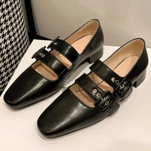 TAVIMART  -  Women's genuine leather double metal buckle slip-on mary jane flats sqaure toe casual female soft comfortable ballerinas shoes