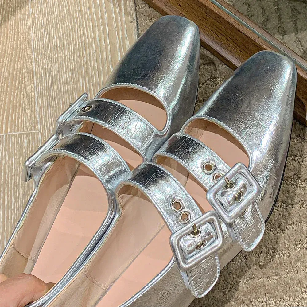 TAVIMART  -  Women's genuine leather double metal buckle slip-on mary jane flats sqaure toe casual female soft comfortable ballerinas shoes