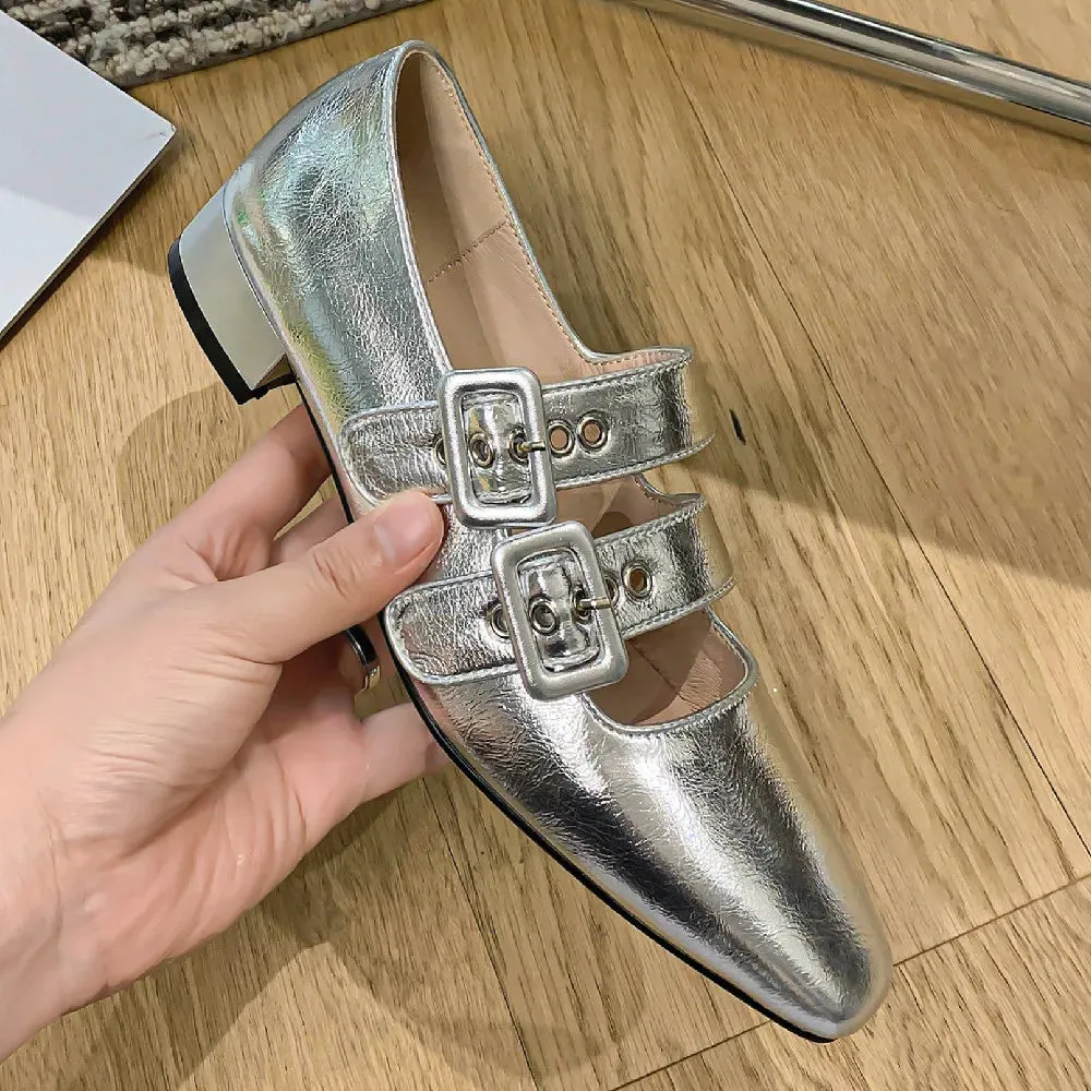TAVIMART  -  Women's genuine leather double metal buckle slip-on mary jane flats sqaure toe casual female soft comfortable ballerinas shoes