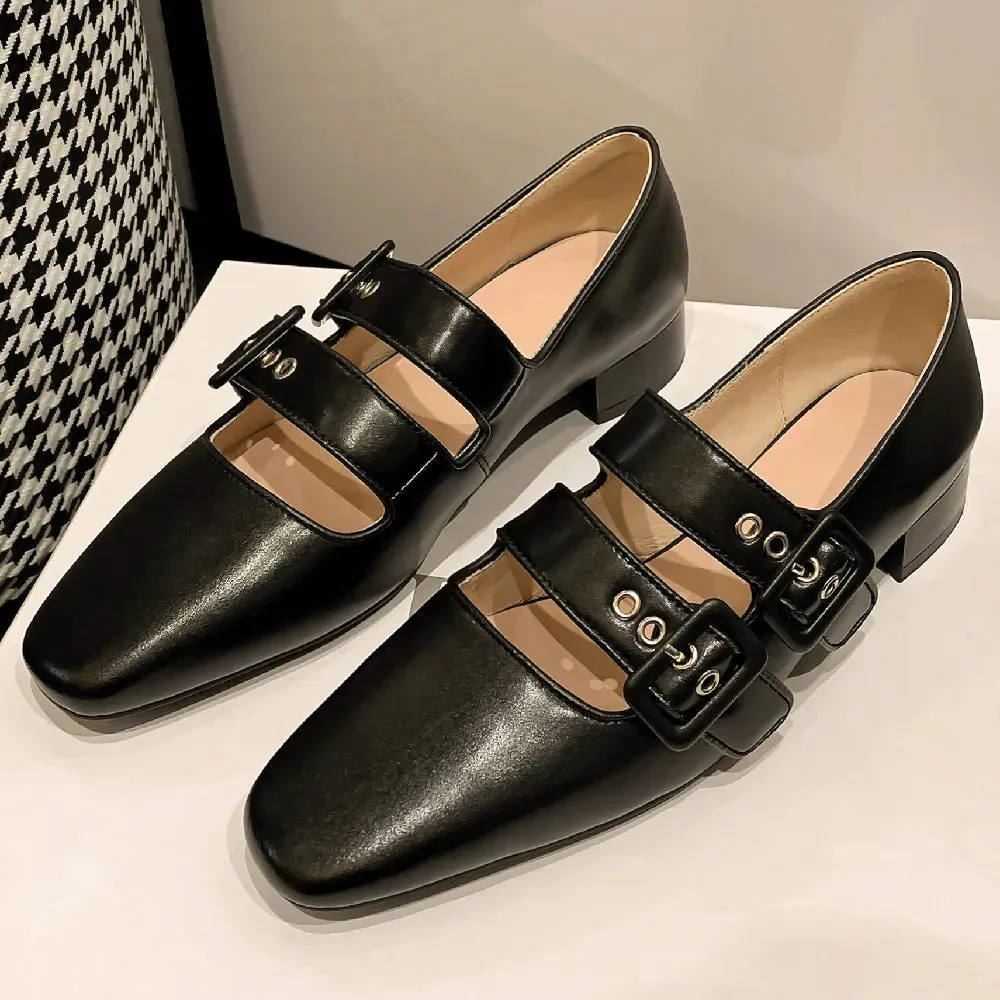 TAVIMART  -  Women's genuine leather double metal buckle slip-on mary jane flats sqaure toe casual female soft comfortable ballerinas shoes