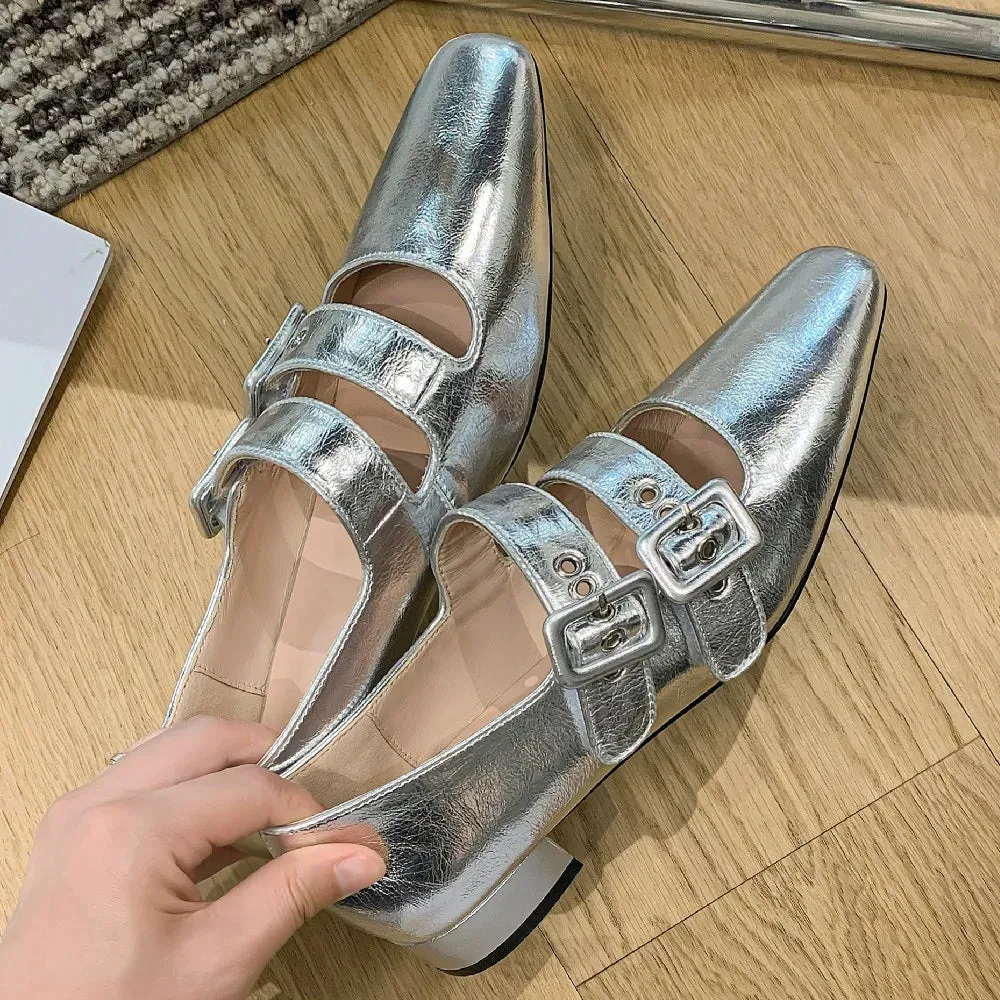 TAVIMART  -  Women's genuine leather double metal buckle slip-on mary jane flats sqaure toe casual female soft comfortable ballerinas shoes