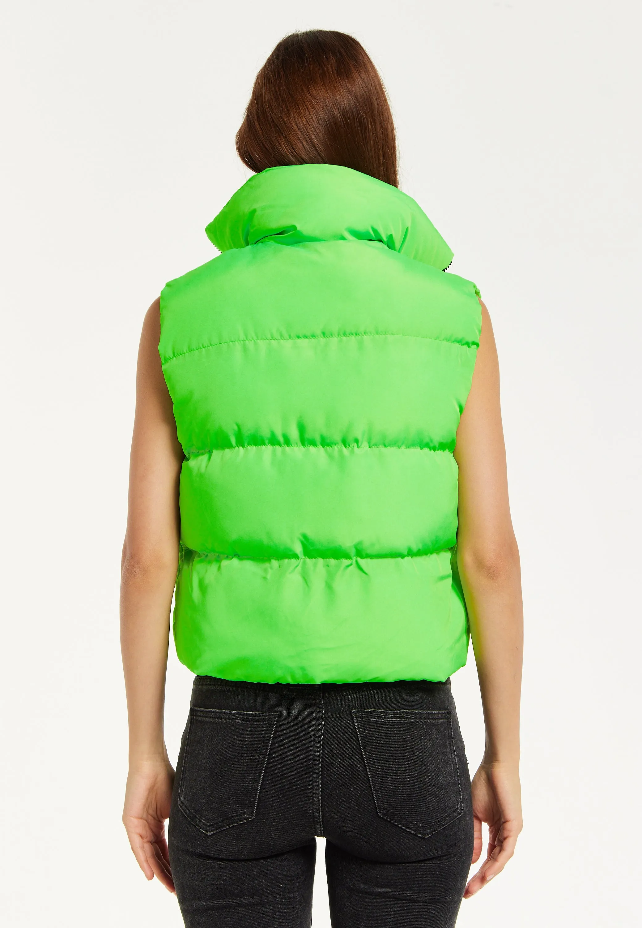 Women's Green Puffer Vest with Drawstring Hem - Cozy Zip-Up, High Collar, Adjustable Fit, Perfect for Layering.